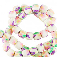 Polymer tube Perlen 6mm - White-multicolour flowers